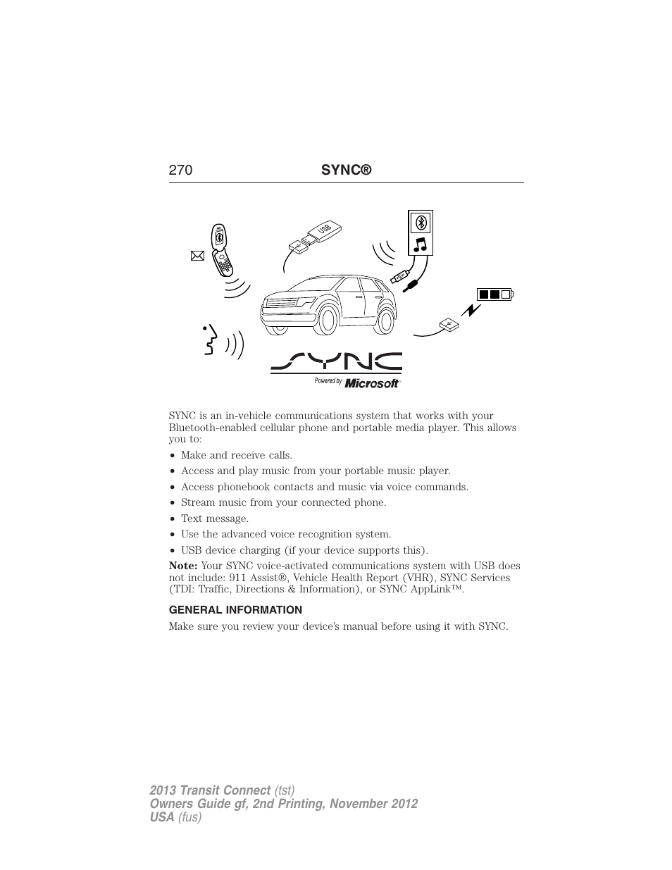 Sync, General information | FORD 2013 Transit Connect v.2 User Manual | Page 271 / 321