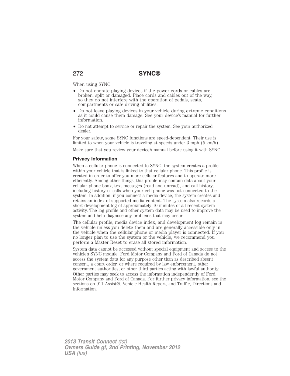 Privacy information, 272 sync | FORD 2013 Transit Connect v.2 User Manual | Page 273 / 321