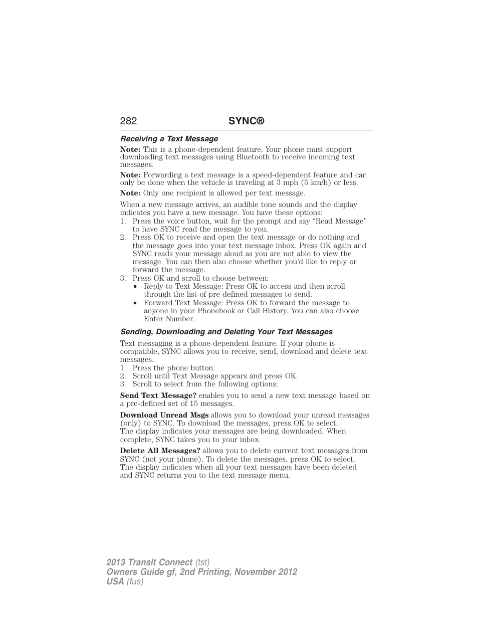 Receiving a text message, 282 sync | FORD 2013 Transit Connect v.2 User Manual | Page 283 / 321