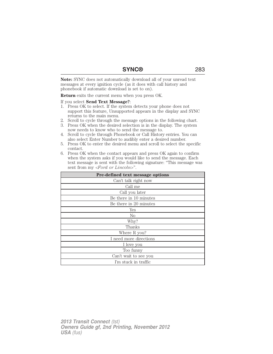 Sync® 283 | FORD 2013 Transit Connect v.2 User Manual | Page 284 / 321