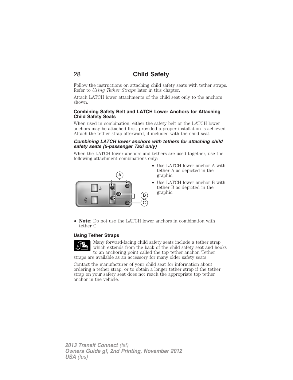 Using tether straps, 28 child safety | FORD 2013 Transit Connect v.2 User Manual | Page 29 / 321