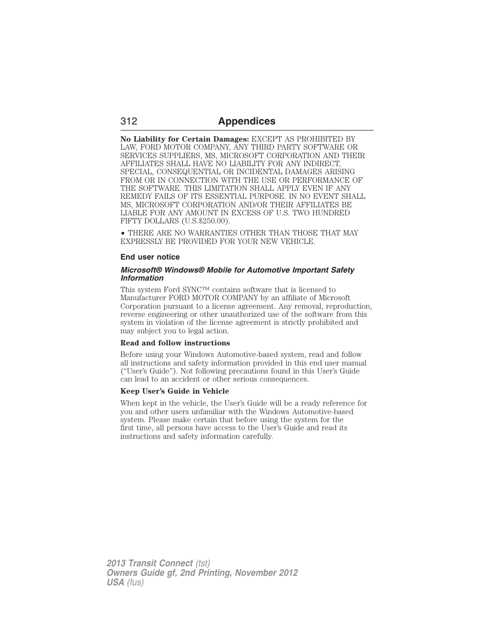 End user notice, 312 appendices | FORD 2013 Transit Connect v.2 User Manual | Page 313 / 321
