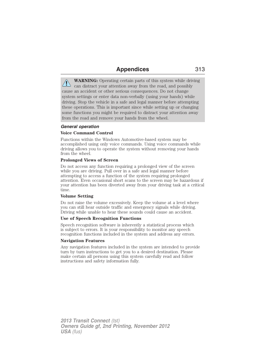 General operation, Appendices 313 | FORD 2013 Transit Connect v.2 User Manual | Page 314 / 321