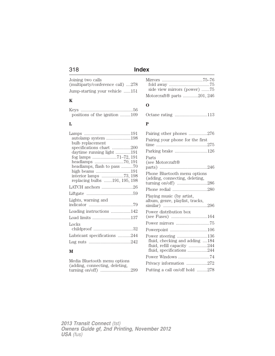 318 index | FORD 2013 Transit Connect v.2 User Manual | Page 319 / 321