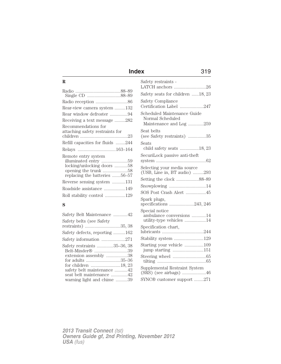Index 319 | FORD 2013 Transit Connect v.2 User Manual | Page 320 / 321