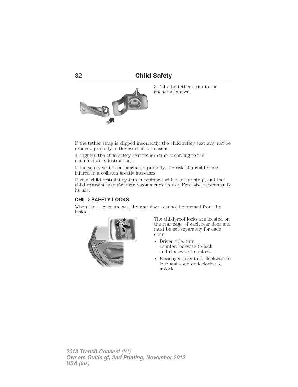 Child safety locks, 32 child safety | FORD 2013 Transit Connect v.2 User Manual | Page 33 / 321