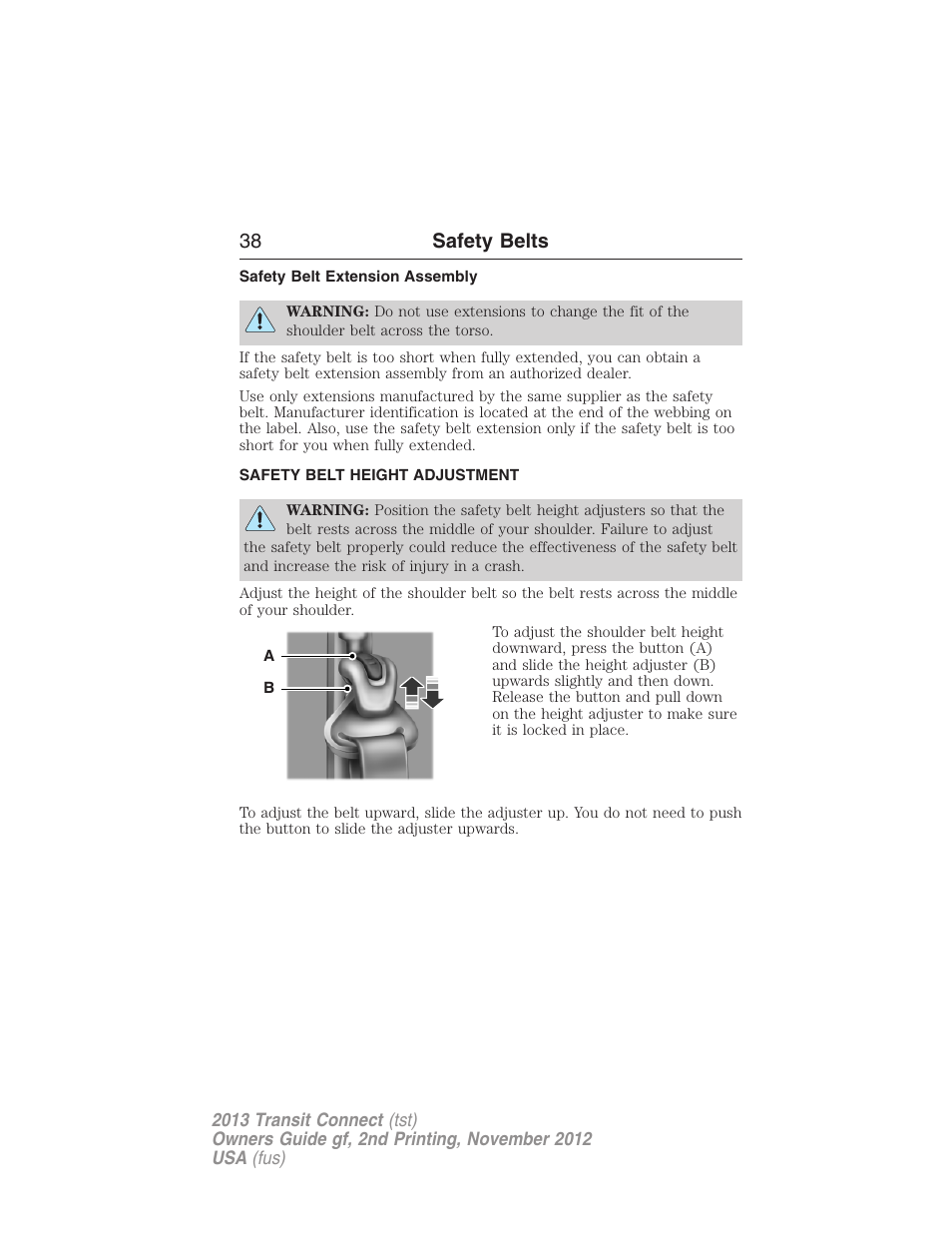 Safety belt extension assembly, Safety belt height adjustment, 38 safety belts | FORD 2013 Transit Connect v.2 User Manual | Page 39 / 321