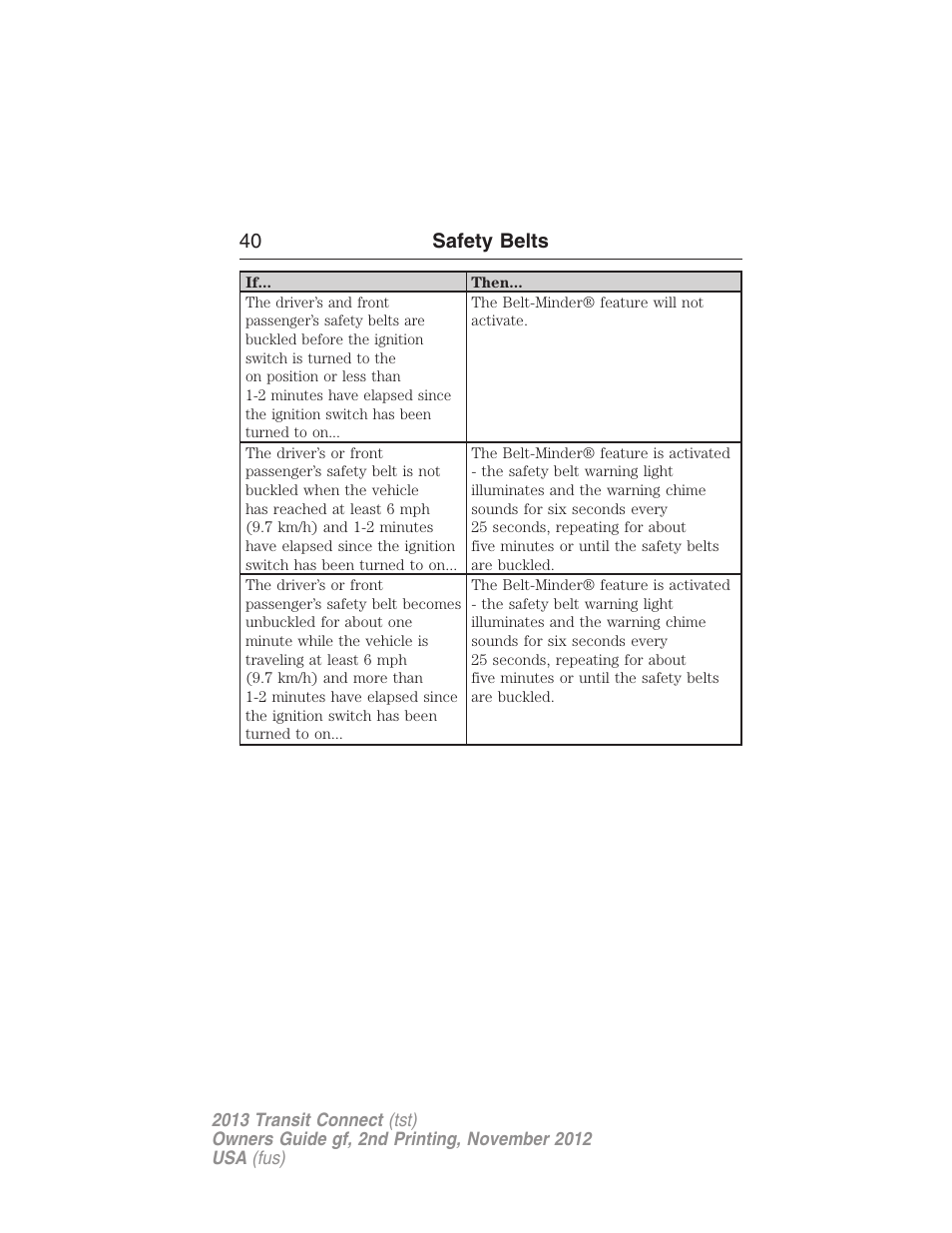 40 safety belts | FORD 2013 Transit Connect v.2 User Manual | Page 41 / 321