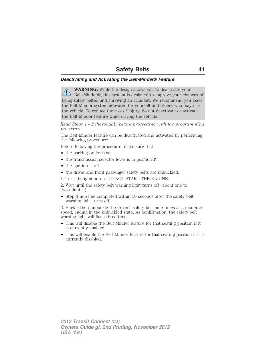 Safety belts 41 | FORD 2013 Transit Connect v.2 User Manual | Page 42 / 321