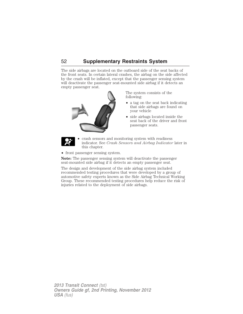 52 supplementary restraints system | FORD 2013 Transit Connect v.2 User Manual | Page 53 / 321