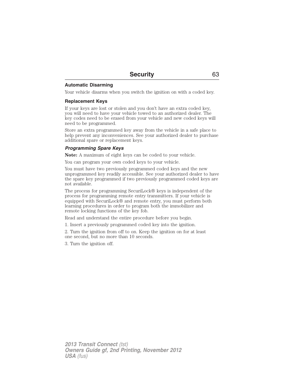 Automatic disarming, Replacement keys, Programming spare keys | Security 63 | FORD 2013 Transit Connect v.2 User Manual | Page 64 / 321