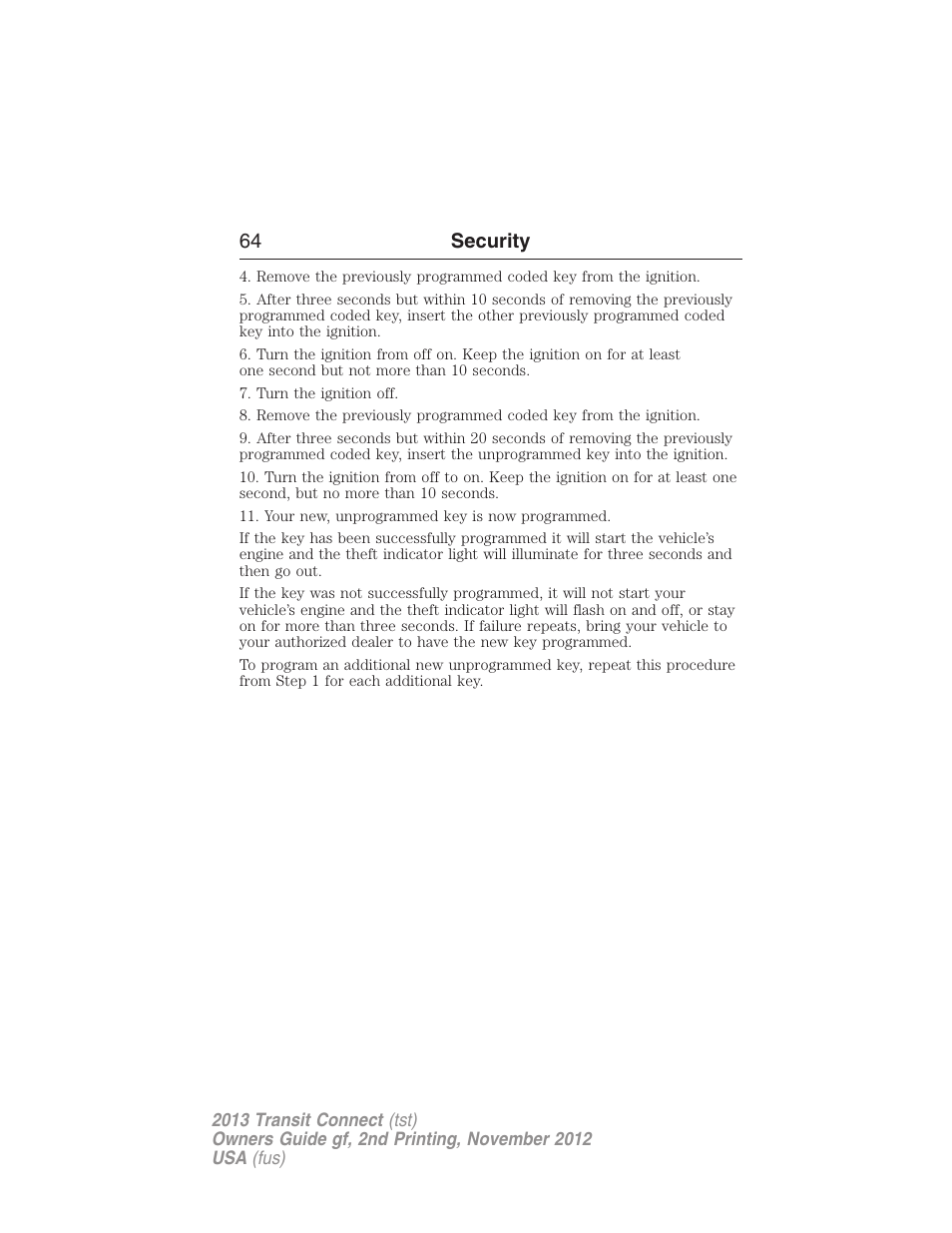 64 security | FORD 2013 Transit Connect v.2 User Manual | Page 65 / 321