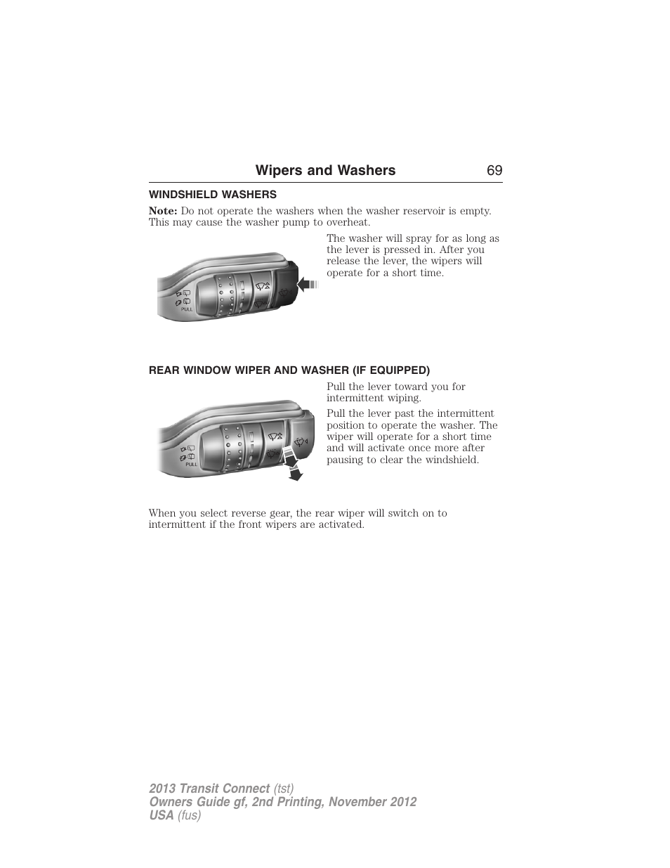 Windshield washers, Rear window wiper and washer (if equipped), Wipers and washers 69 | FORD 2013 Transit Connect v.2 User Manual | Page 70 / 321