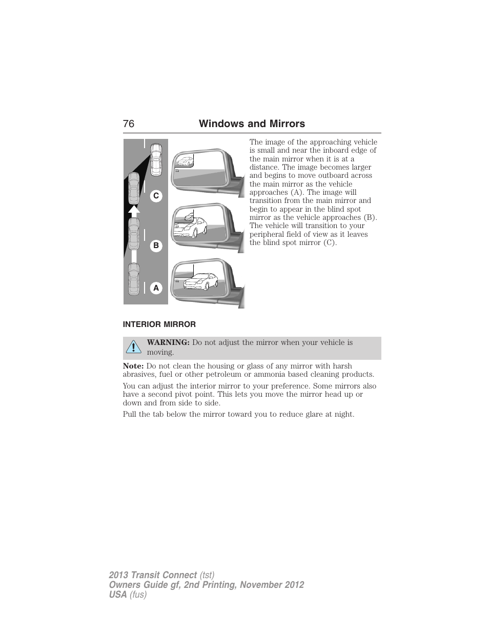 Interior mirror, Interior mirrors, 76 windows and mirrors | FORD 2013 Transit Connect v.2 User Manual | Page 77 / 321