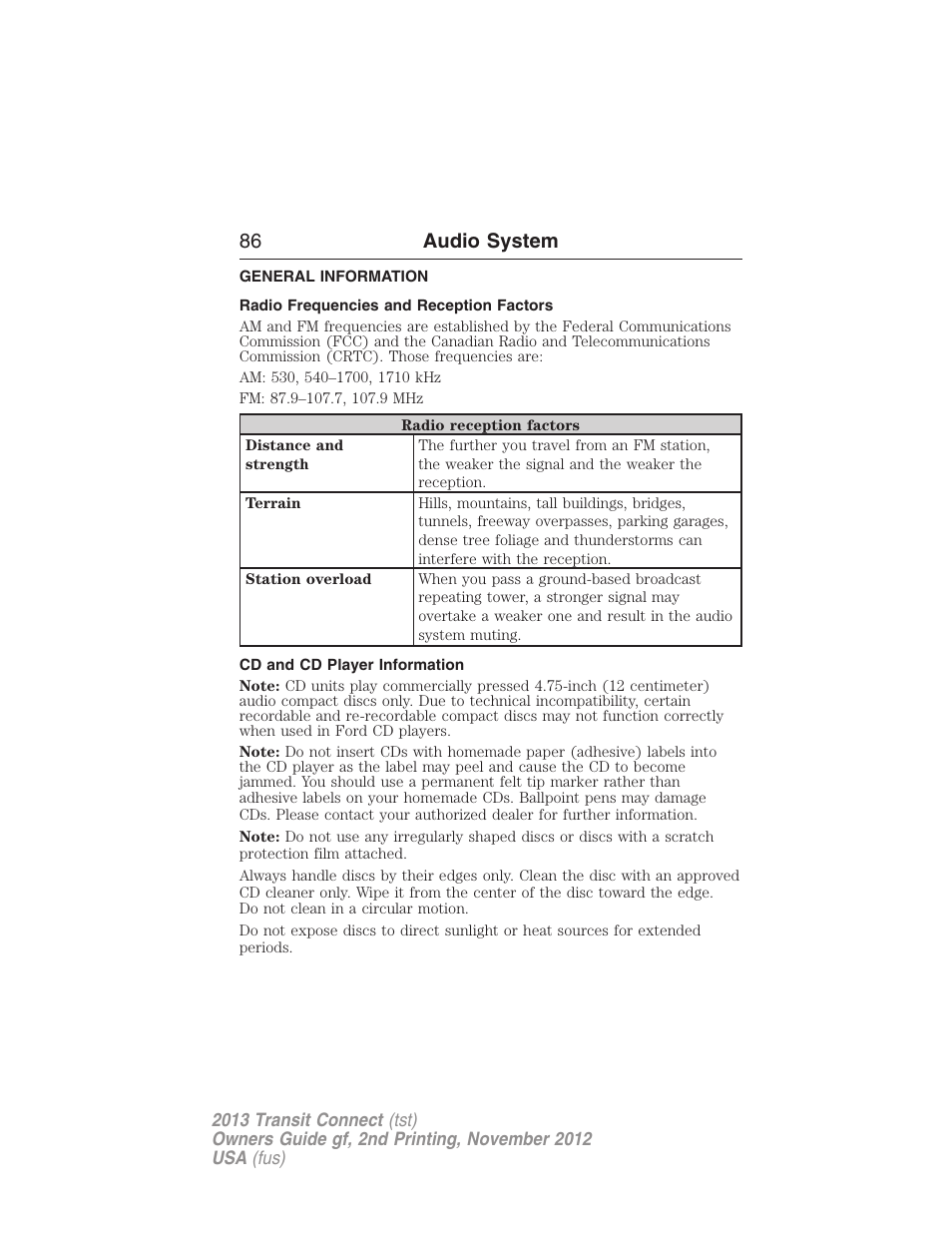 Audio system, General information, Radio frequencies and reception factors | Cd and cd player information, 86 audio system | FORD 2013 Transit Connect v.2 User Manual | Page 87 / 321