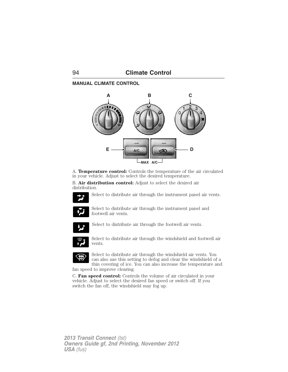 Climate control, Manual climate control, Manual heating and air conditioning | 94 climate control | FORD 2013 Transit Connect v.2 User Manual | Page 95 / 321