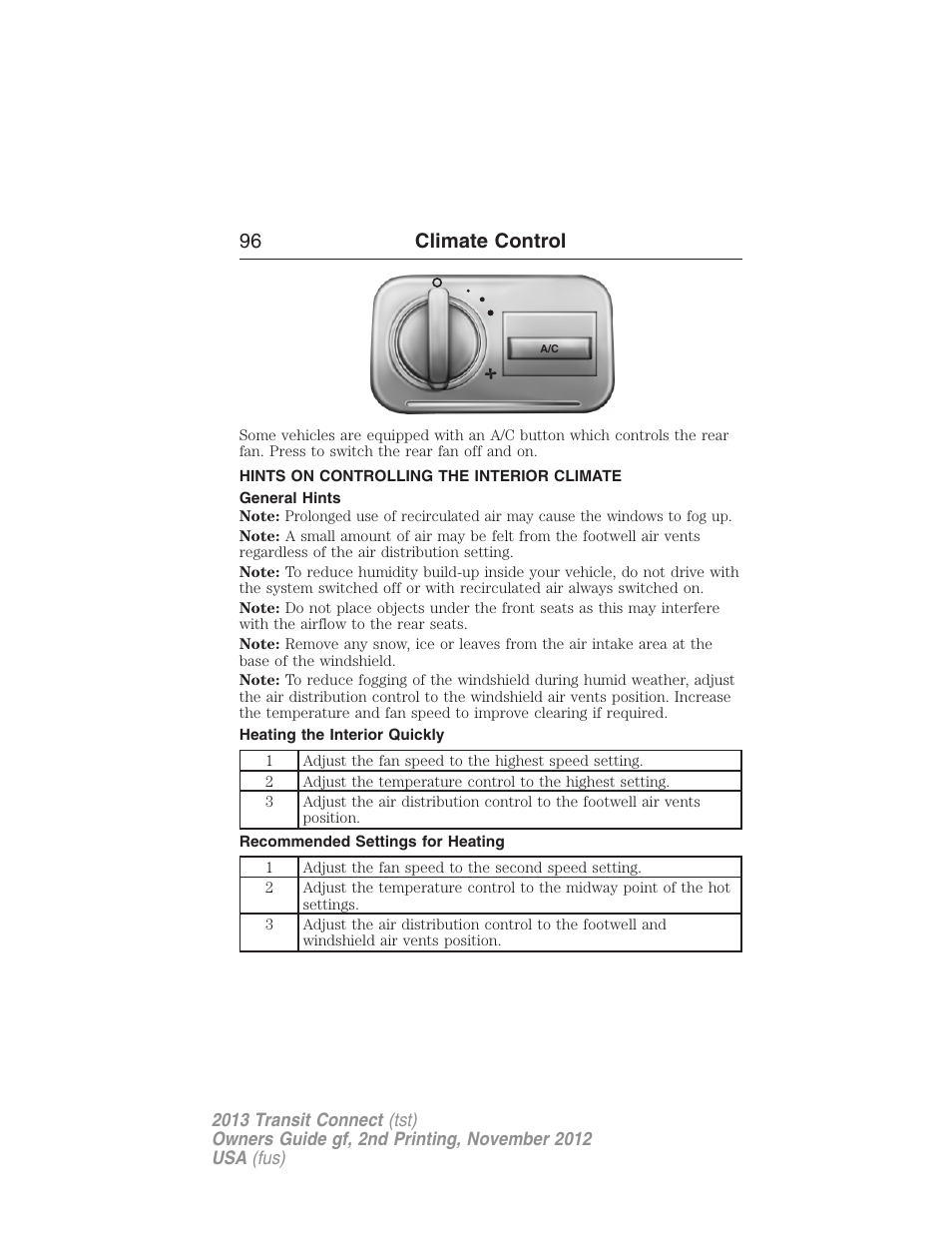 Hints on controlling the interior climate, General hints, Heating the interior quickly | Recommended settings for heating, 96 climate control | FORD 2013 Transit Connect v.2 User Manual | Page 97 / 321
