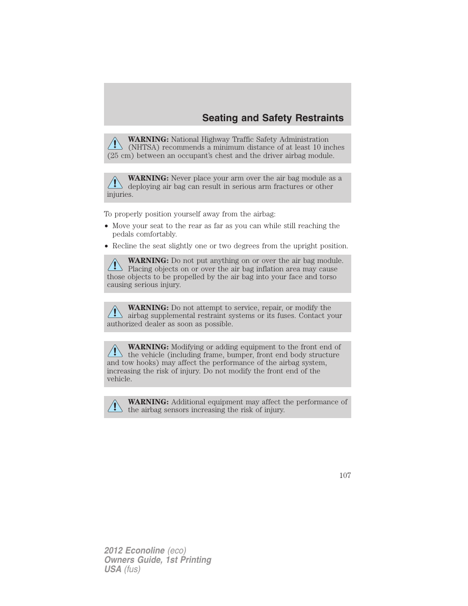 Seating and safety restraints | FORD 2012 E-450 User Manual | Page 107 / 335