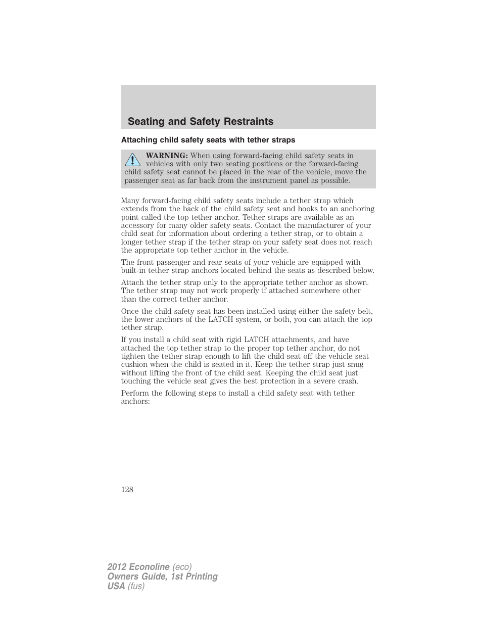 Attaching child safety seats with tether straps, Seating and safety restraints | FORD 2012 E-450 User Manual | Page 128 / 335