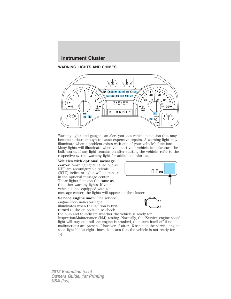 Instrument cluster, Warning lights and chimes | FORD 2012 E-450 User Manual | Page 14 / 335