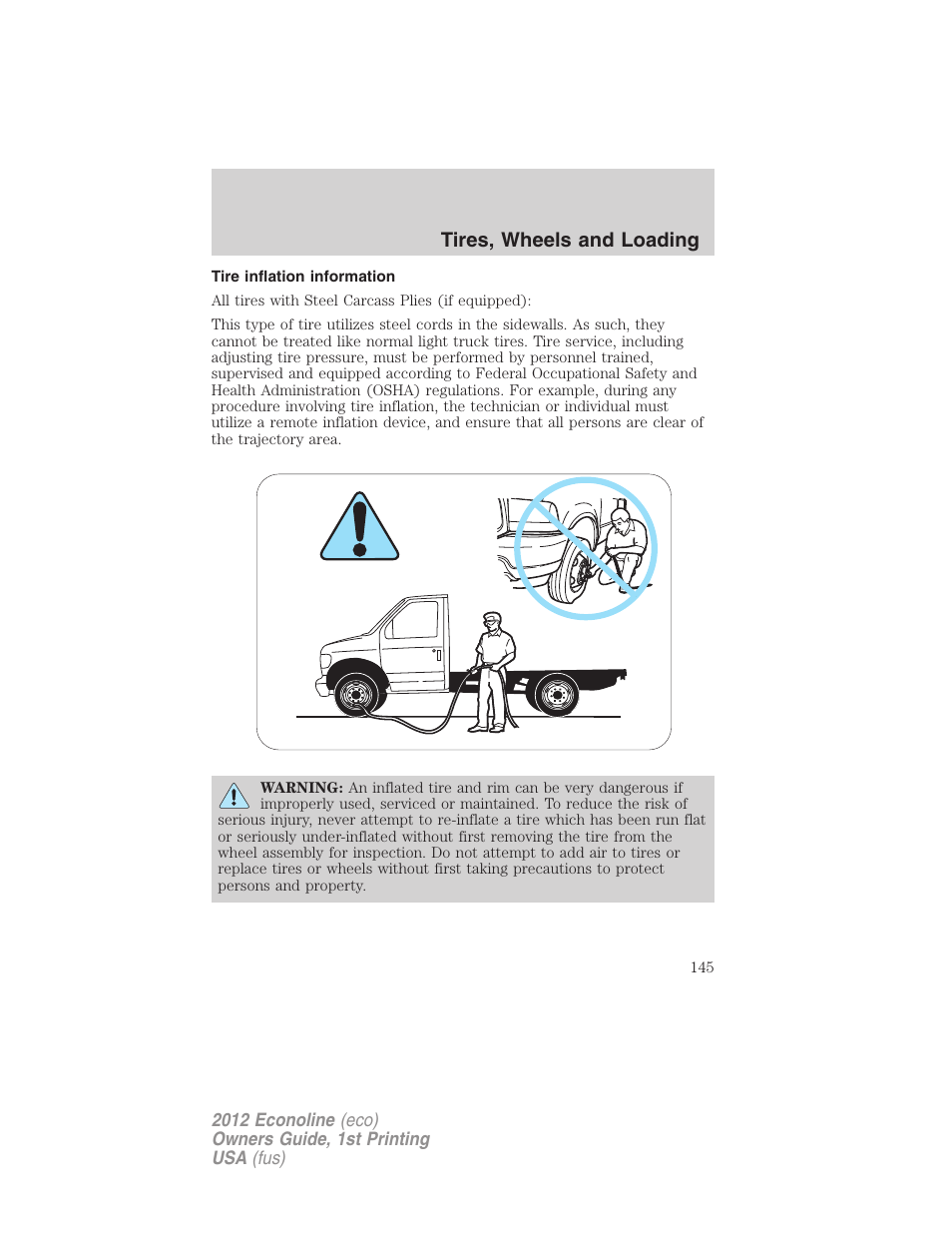 Tire inflation information, Tires, wheels and loading | FORD 2012 E-450 User Manual | Page 145 / 335