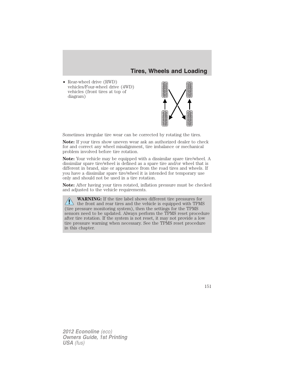 Tires, wheels and loading | FORD 2012 E-450 User Manual | Page 151 / 335