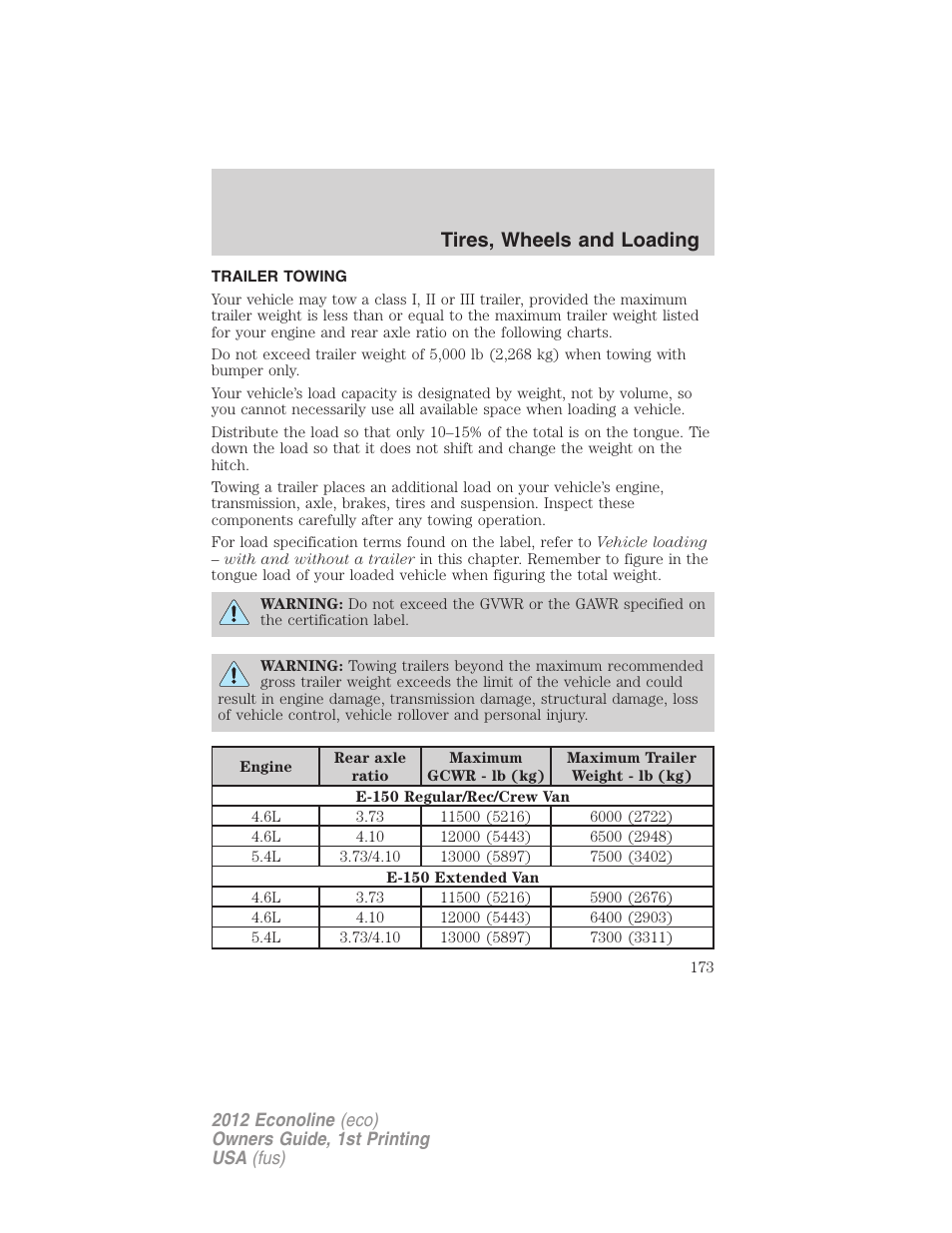 Trailer towing, Tires, wheels and loading | FORD 2012 E-450 User Manual | Page 173 / 335