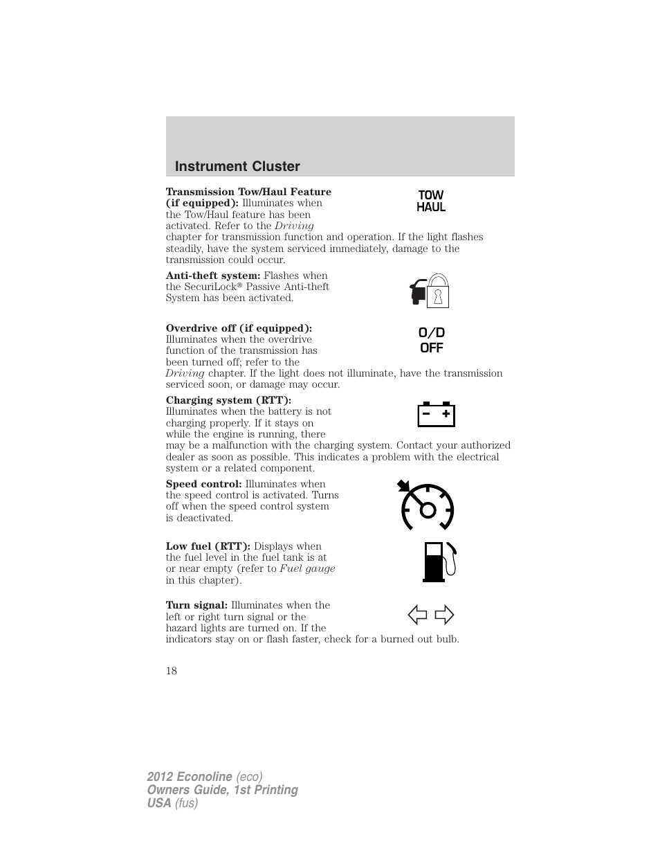 Instrument cluster | FORD 2012 E-450 User Manual | Page 18 / 335
