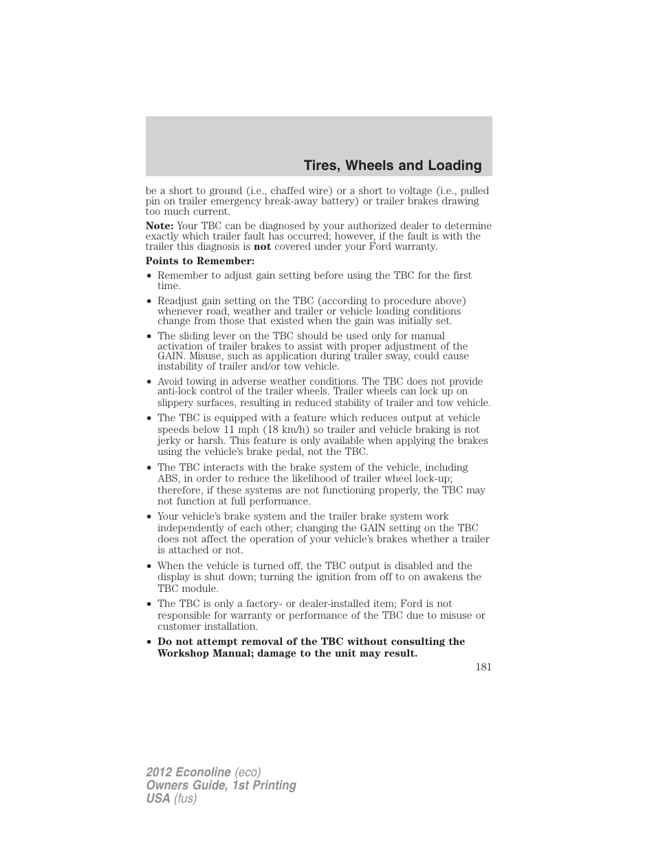 Tires, wheels and loading | FORD 2012 E-450 User Manual | Page 181 / 335
