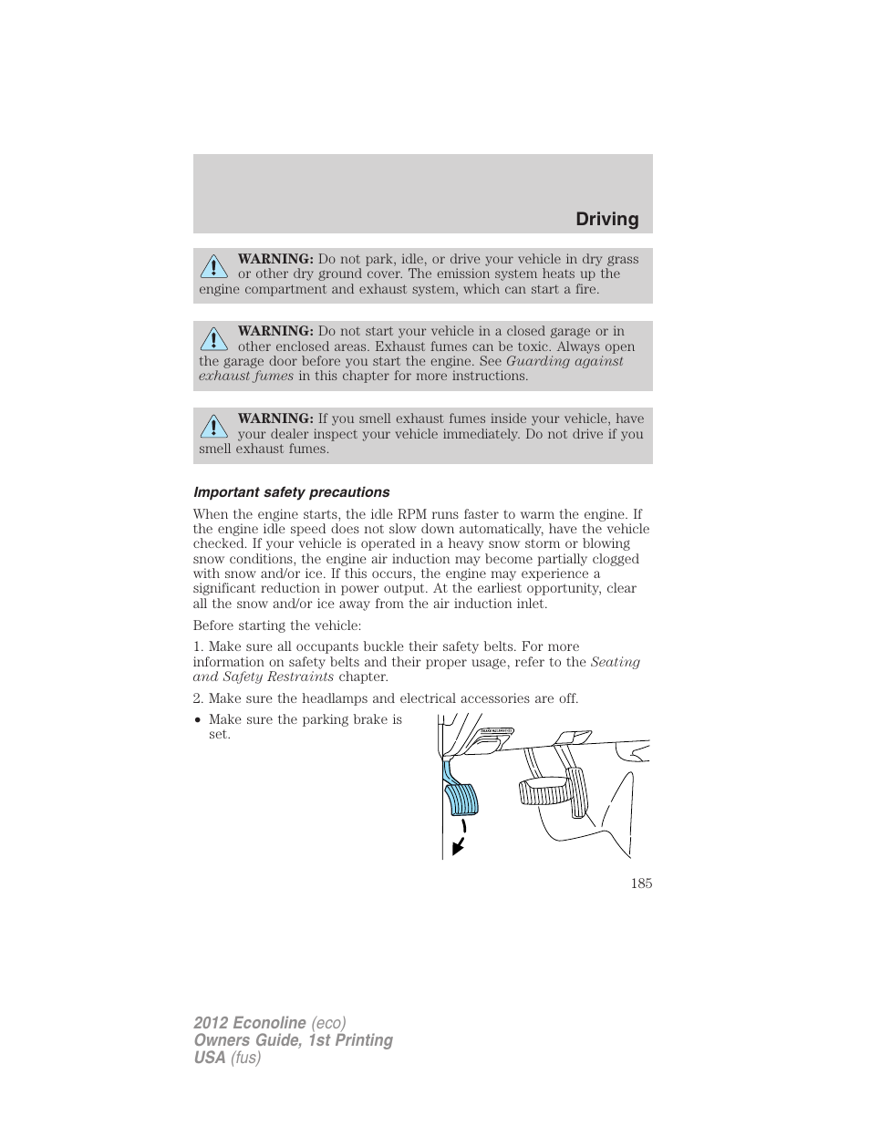 Important safety precautions, Driving | FORD 2012 E-450 User Manual | Page 185 / 335
