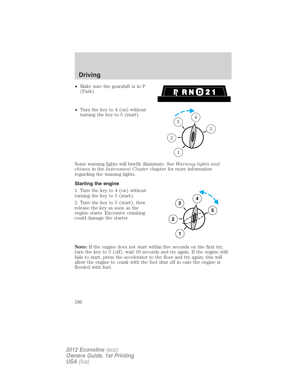 Starting the engine, Driving | FORD 2012 E-450 User Manual | Page 186 / 335