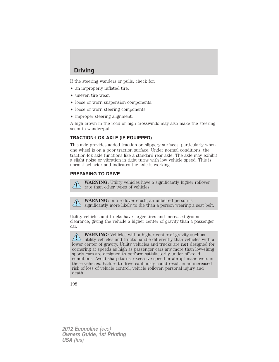 Traction-lok axle (if equipped), Preparing to drive, Driving | FORD 2012 E-450 User Manual | Page 198 / 335