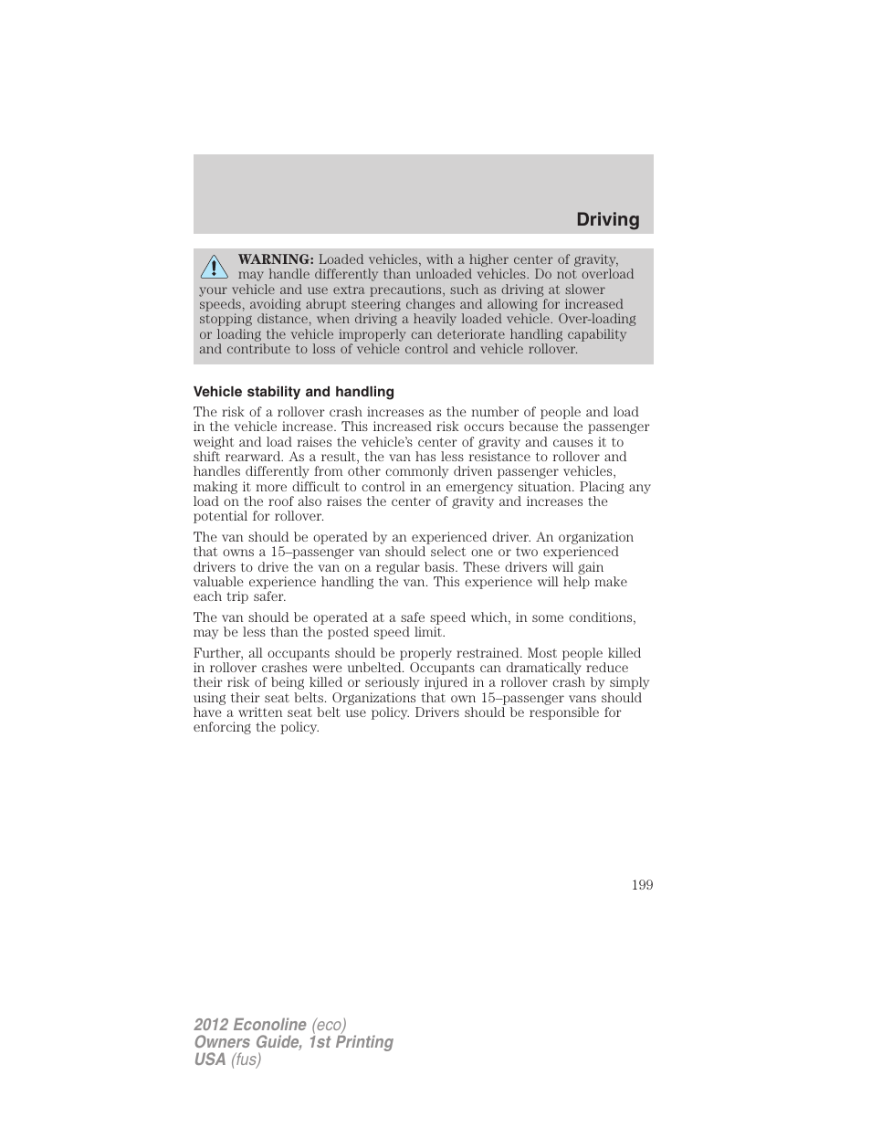 Vehicle stability and handling, Driving | FORD 2012 E-450 User Manual | Page 199 / 335