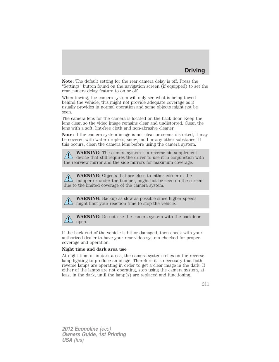 Driving | FORD 2012 E-450 User Manual | Page 211 / 335