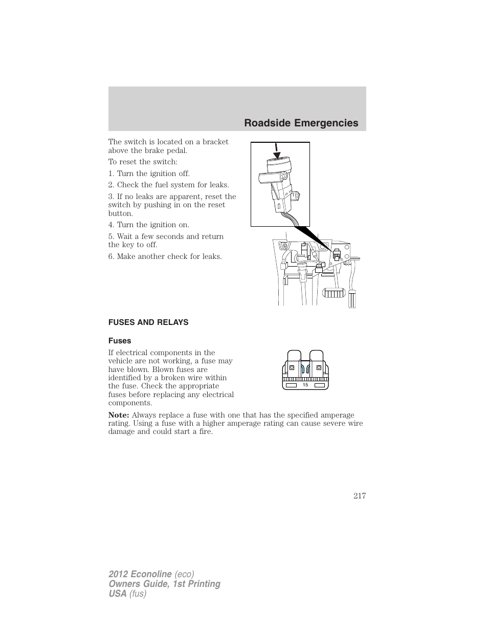 Fuses and relays, Fuses, Roadside emergencies | FORD 2012 E-450 User Manual | Page 217 / 335