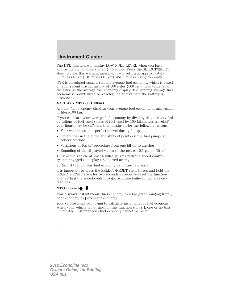 Instrument cluster | FORD 2012 E-450 User Manual | Page 22 / 335