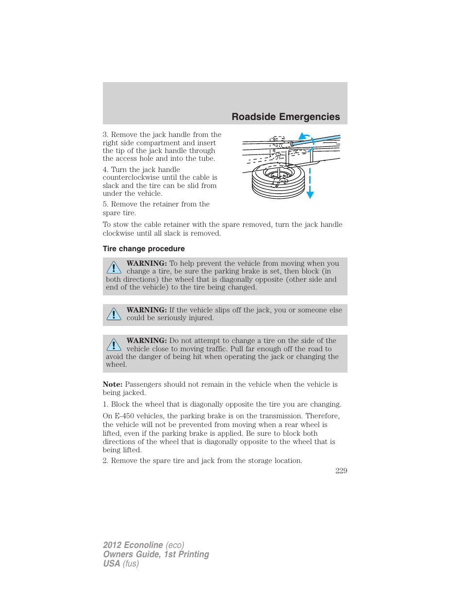 Tire change procedure, Roadside emergencies | FORD 2012 E-450 User Manual | Page 229 / 335