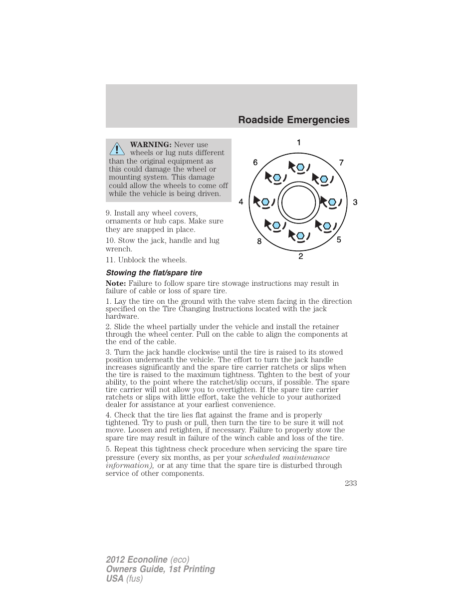 Stowing the flat/spare tire, Roadside emergencies | FORD 2012 E-450 User Manual | Page 233 / 335