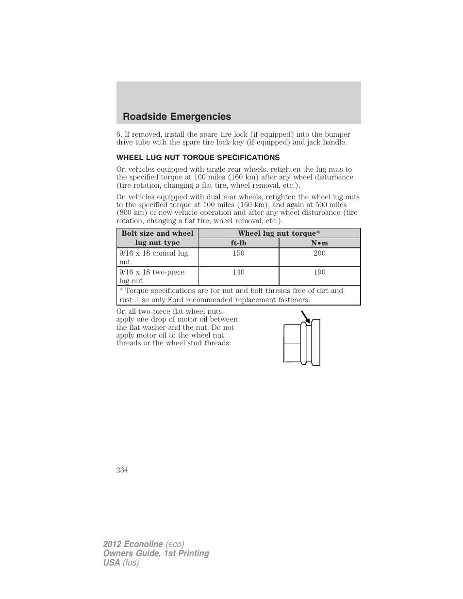 Wheel lug nut torque specifications, Wheel lug nut torque, Roadside emergencies | FORD 2012 E-450 User Manual | Page 234 / 335