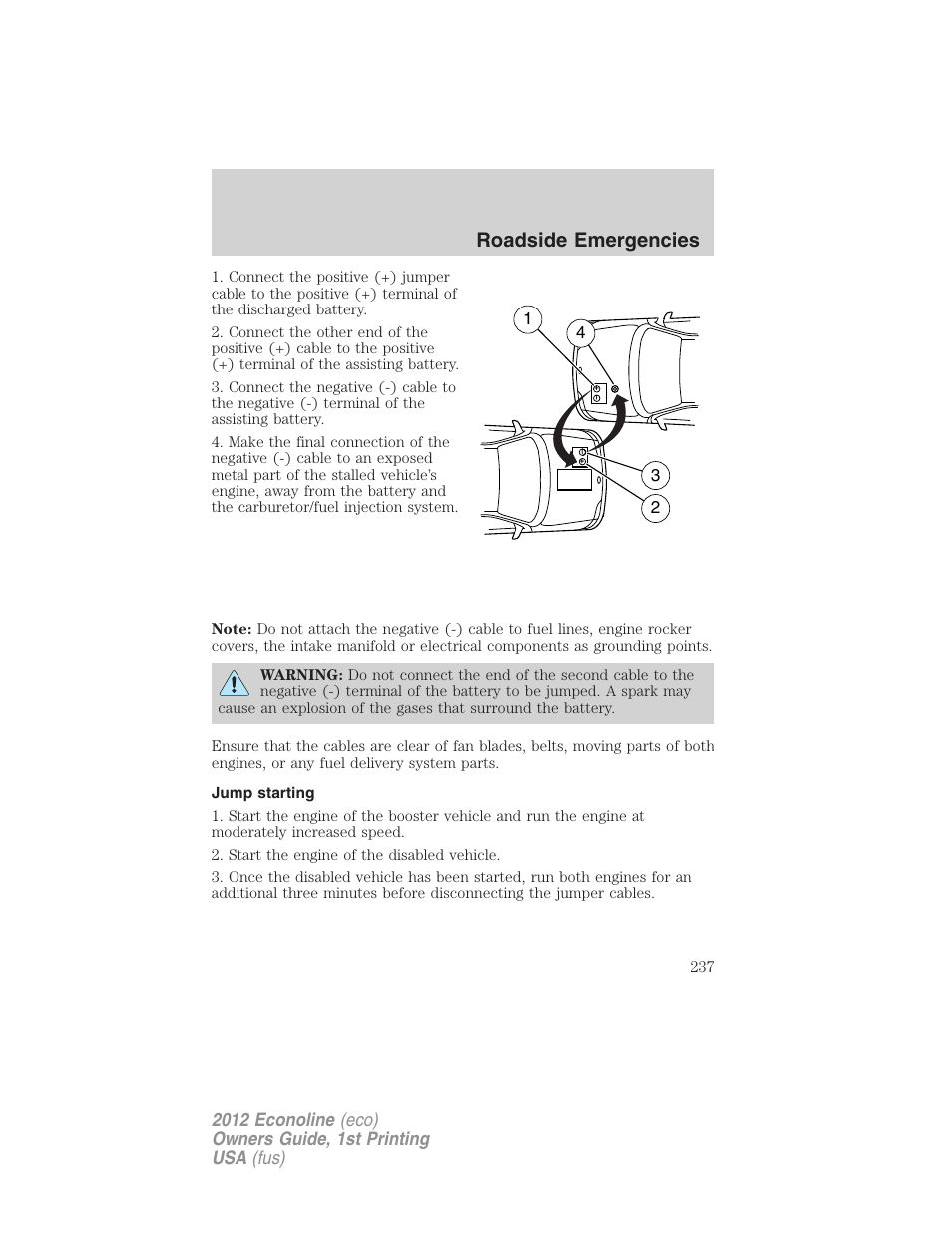 Jump starting, Roadside emergencies | FORD 2012 E-450 User Manual | Page 237 / 335