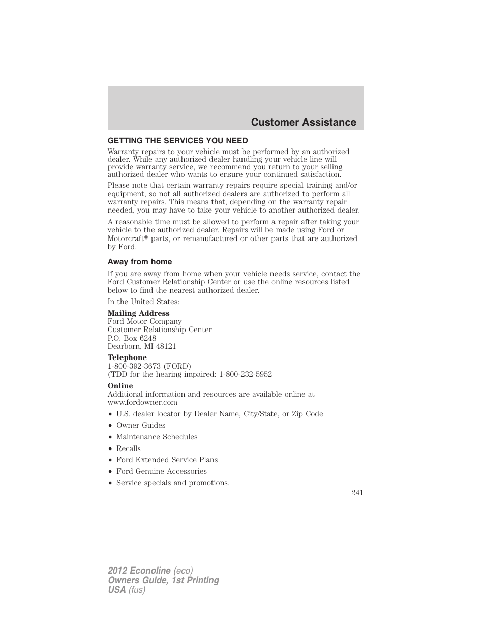 Customer assistance, Getting the services you need, Away from home | FORD 2012 E-450 User Manual | Page 241 / 335