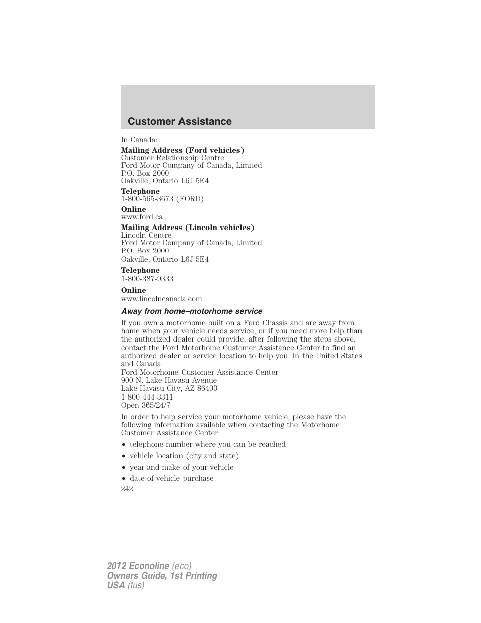 Away from home–motorhome service, Customer assistance | FORD 2012 E-450 User Manual | Page 242 / 335