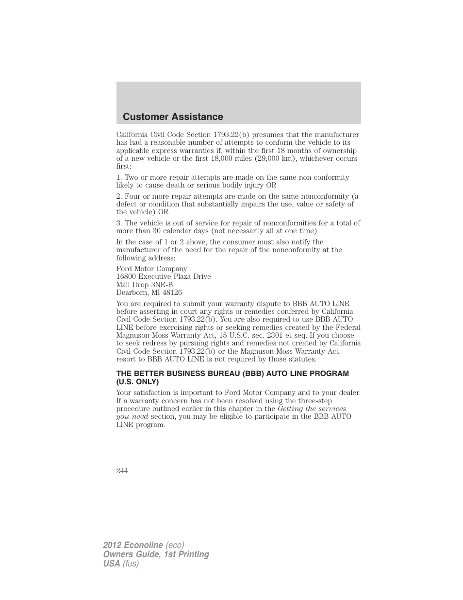 Customer assistance | FORD 2012 E-450 User Manual | Page 244 / 335