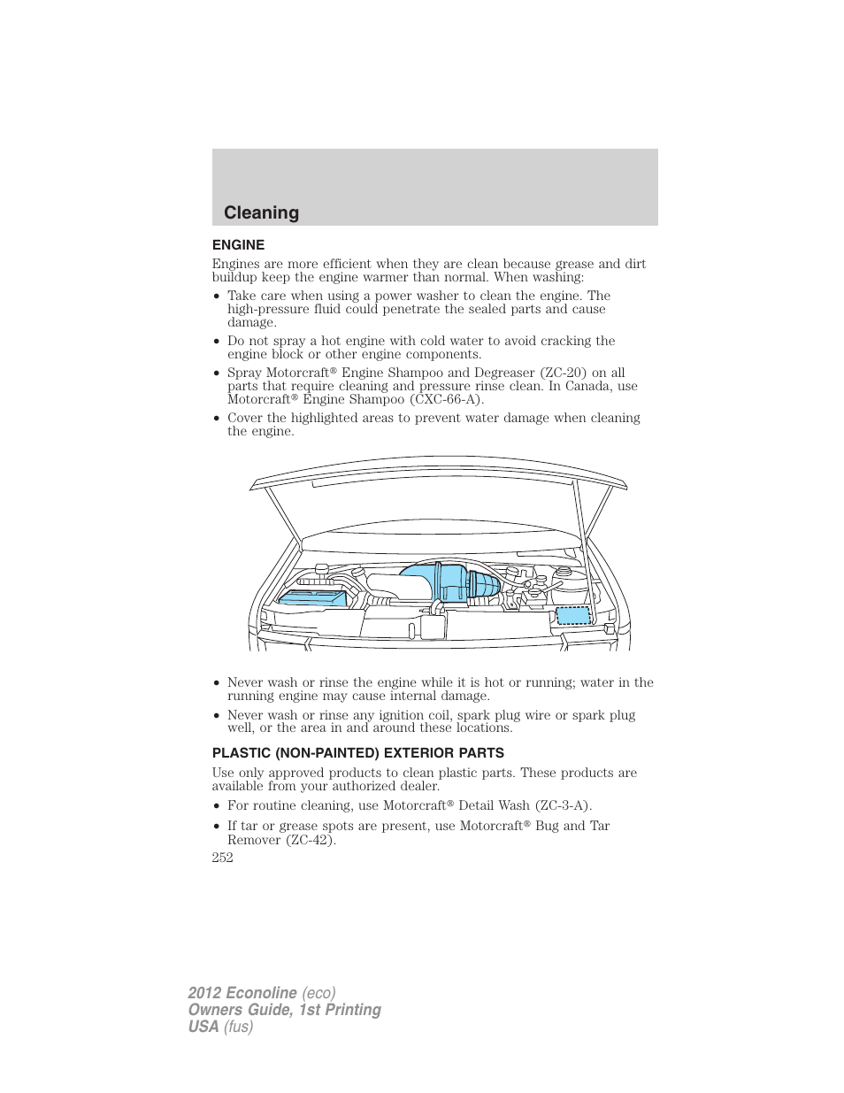 Engine, Plastic (non-painted) exterior parts, Cleaning | FORD 2012 E-450 User Manual | Page 252 / 335