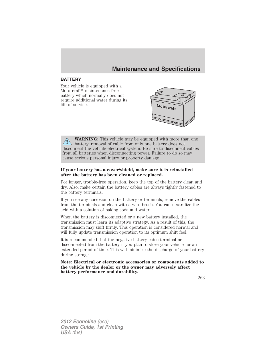 Battery, Maintenance and specifications | FORD 2012 E-450 User Manual | Page 263 / 335