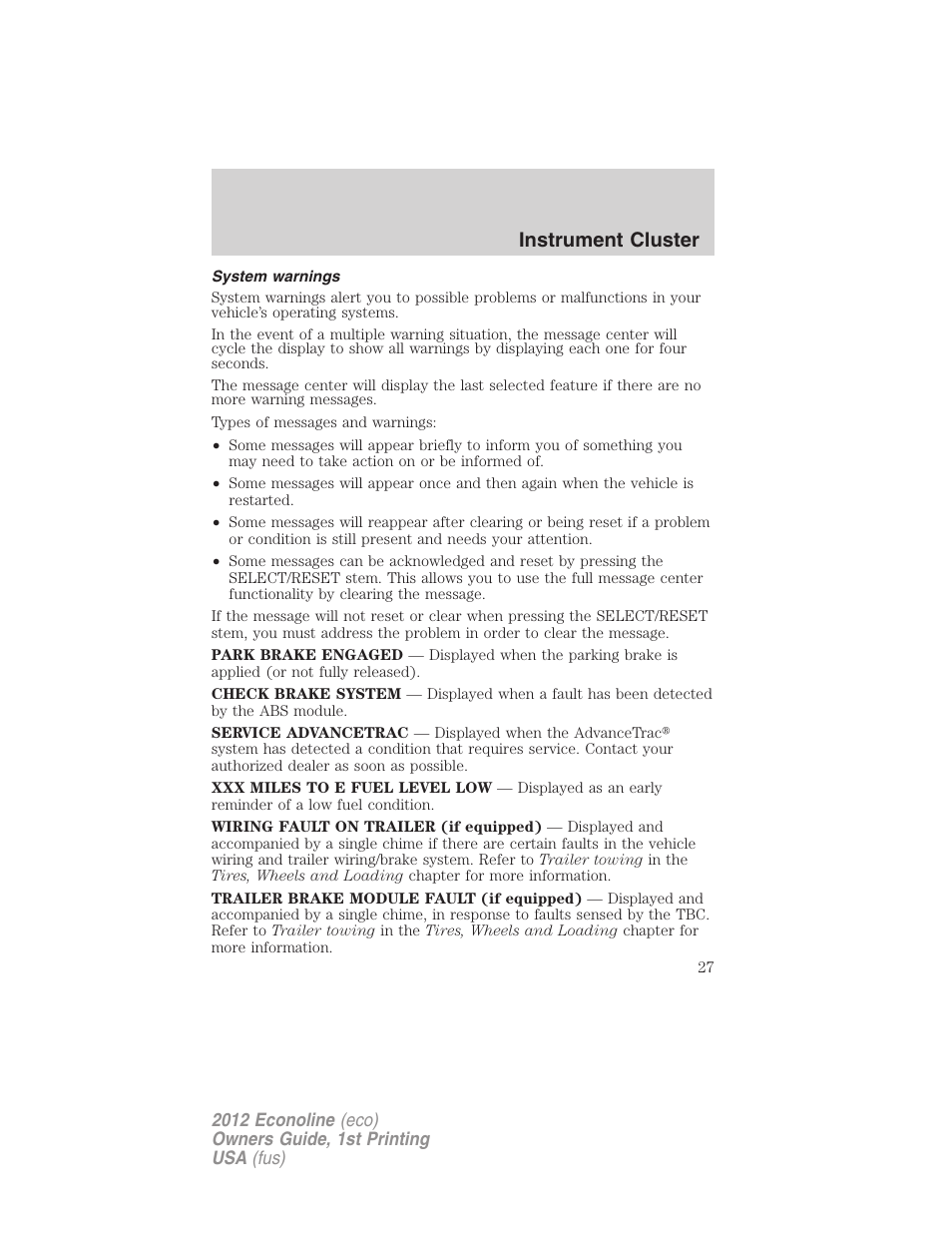 System warnings, Instrument cluster | FORD 2012 E-450 User Manual | Page 27 / 335