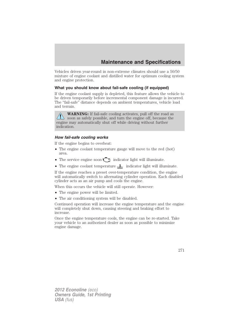 How fail-safe cooling works, Maintenance and specifications | FORD 2012 E-450 User Manual | Page 271 / 335