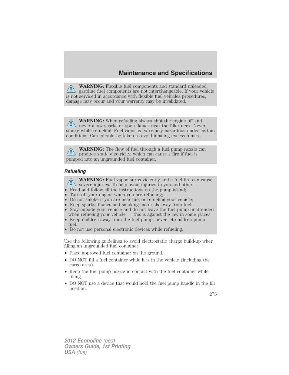 Refueling, Maintenance and specifications | FORD 2012 E-450 User Manual | Page 275 / 335
