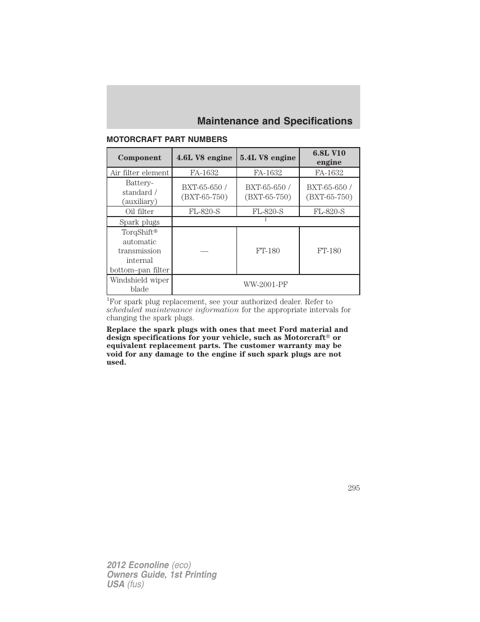 Motorcraft part numbers, Part numbers, Maintenance and specifications | FORD 2012 E-450 User Manual | Page 295 / 335