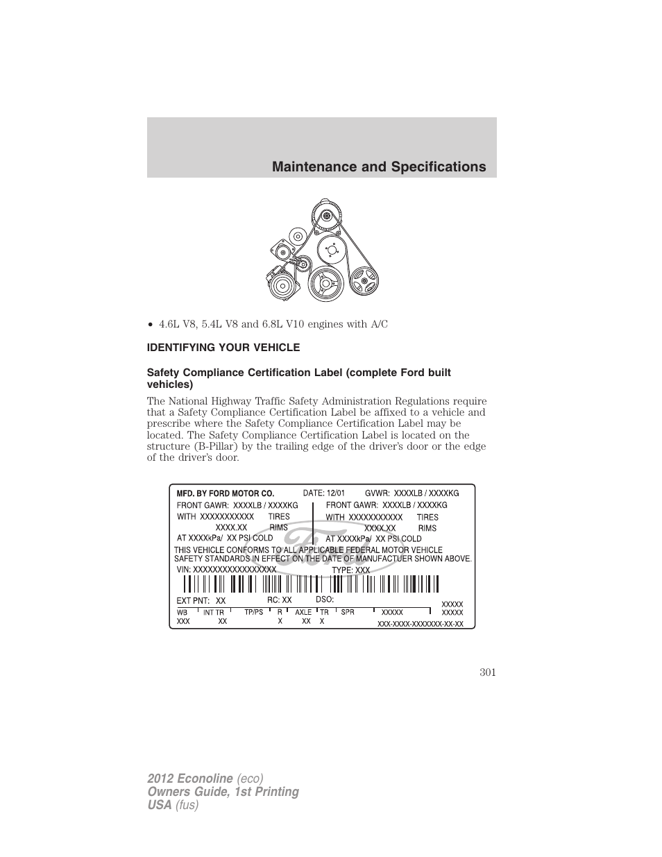 Identifying your vehicle, Maintenance and specifications | FORD 2012 E-450 User Manual | Page 301 / 335